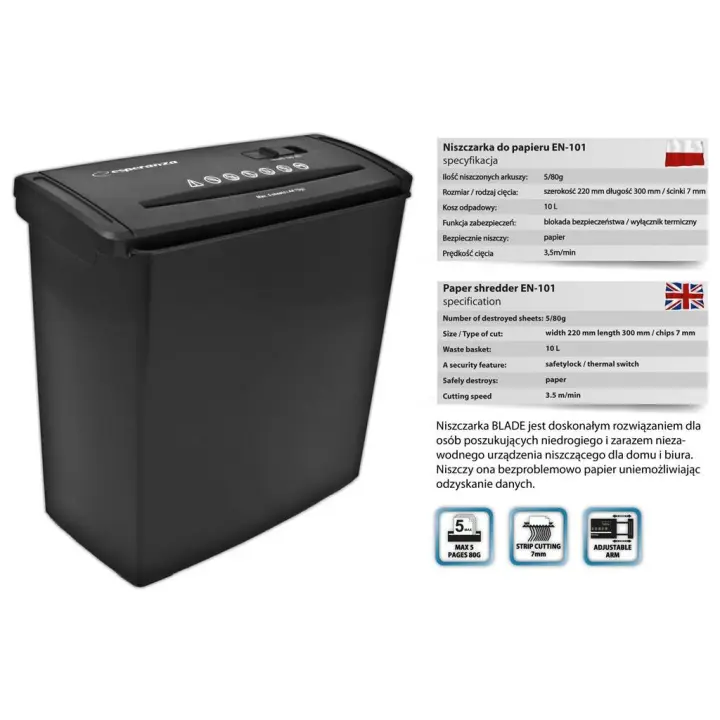 Esperanza it accesories - Esperanza shredder to paper blade en101 with basket 10 l din 1 - 1