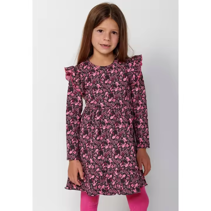 Koroshi Vestido de manga larga y cuello redondo con volantes en falda y hombros y estampado floral para niña de color rosa - 1