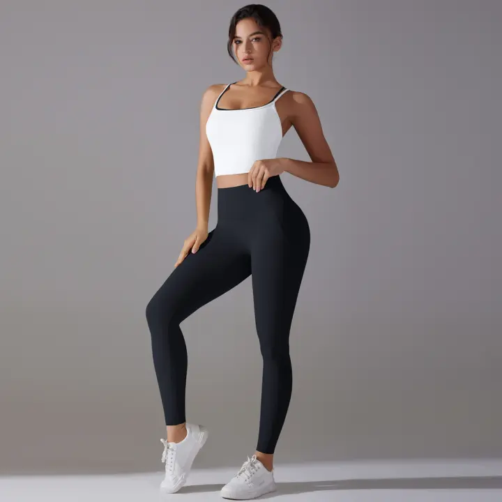 Conjunto De Yoga Deportivo Halter Sin Mangas Top Y Pantalones Para Gimnasio Fitness Entrenamiento Correr Ciclismo Color Sólido - 1