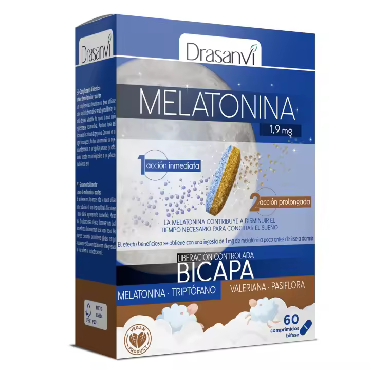 DRASANVI - Melatonina Bicapa de 1,9 mg con Triptófano, Pasiflora y Valeriana - Envase 60 comprimidos - 1