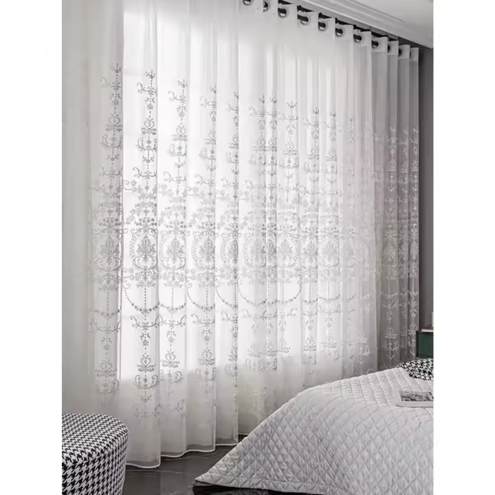 Cortinas Blancas De Encaje Florido Sheer Para Sala De Estar Y Dormitorio Voile Translúcida De Poliéster 100% Con Grommets - 1