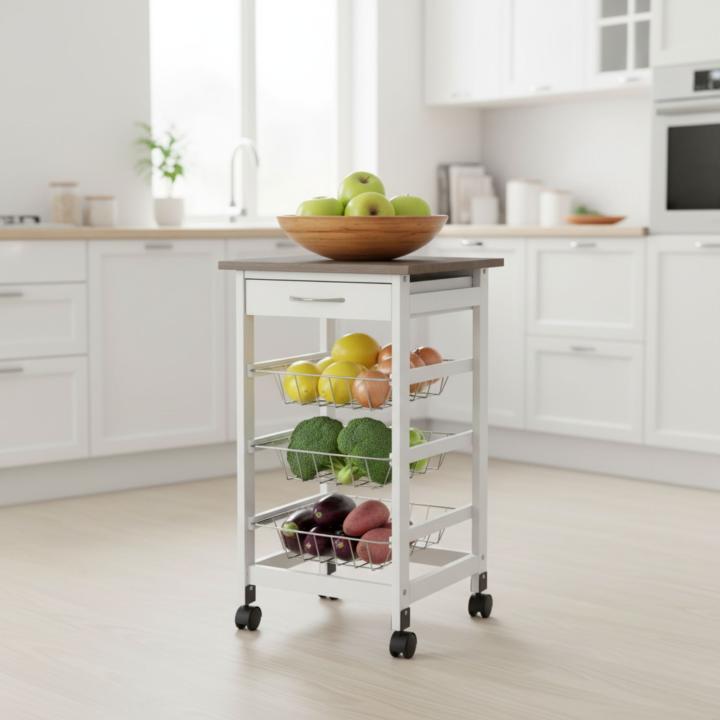 MOBLEKIT | Carrito Auxiliar de Cocina con Ruedas, Verdulero de Madera con Estantes y Cajón, Mueble de Almacenaje para Frutas, Verduras y Organización del Hogar