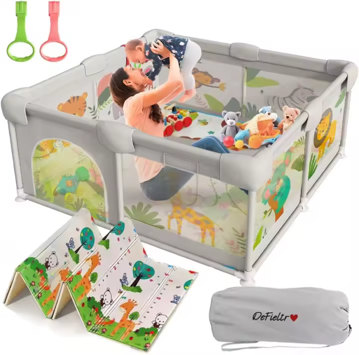 DeFieltro Parque Infantil Bebe de la SELVA 120x120 - Corralito Bebe con Malla de Animales Transpirable - Corral Plegable Baby ANTIDESLIZANTE con Alfombra Acolchada + 2 Anillas y Bolsa Portátil - 1