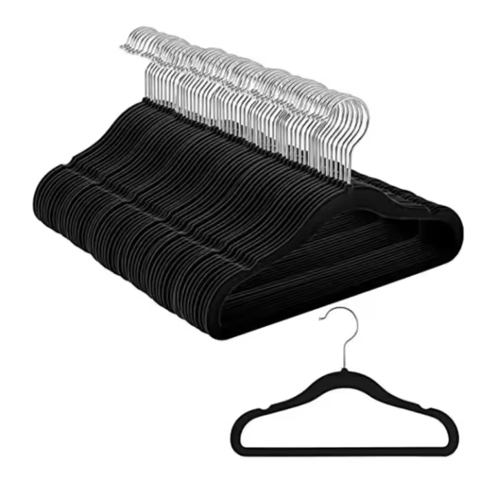 Pack de 10 unid Perchas Terciopelo para ropa,  Perchas antideslizantes con acabado de terciopelo con Gancho Cromado Giratorio de 360º , Soporte colgador armario, perchero ropa en Color NEGRO - 1