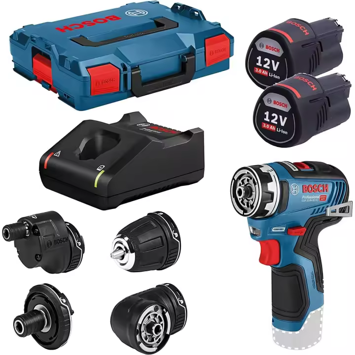 Bosch Professional 12V System GSR 12V-35 FC - Atornillador a batería (Brushless, 35 Nm, 4 cabezales FlexiClick, 2 baterías x 3.0 Ah, en L-BOXX) - 1