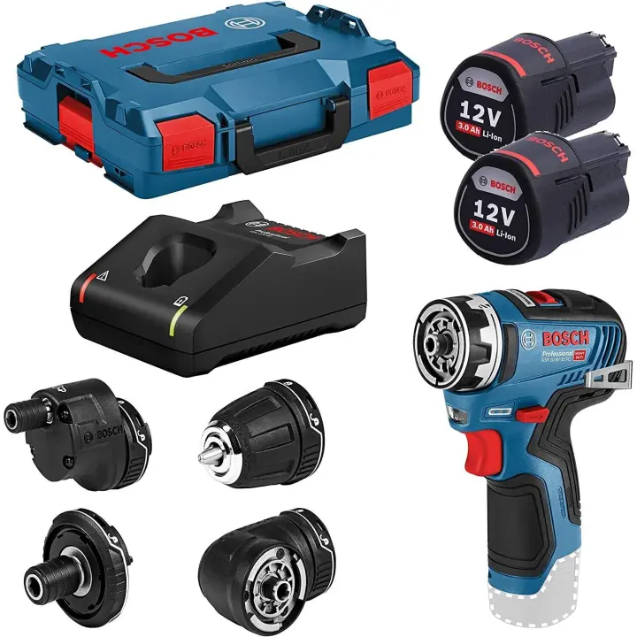 Bosch Professional 12V System GSR 12V-35 FC - Atornillador a batería (Brushless, 35 Nm, 4 cabezales FlexiClick, 2 baterías x 3.0 Ah, en L-BOXX) - 1