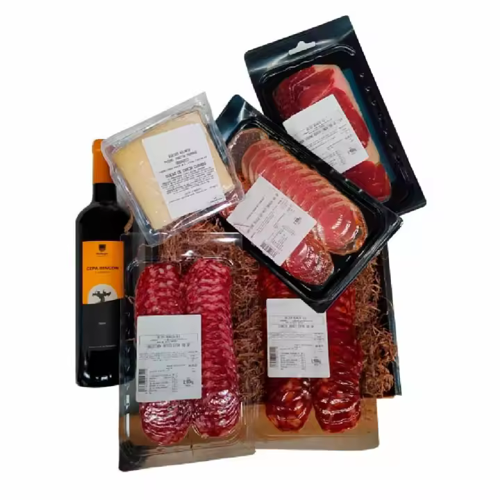 Deliex - Estuche de productos extremeños para regalar en cumpleaños o Navidad, cesta gourmet con vino e ibéricos, regalo original para compartir - 1