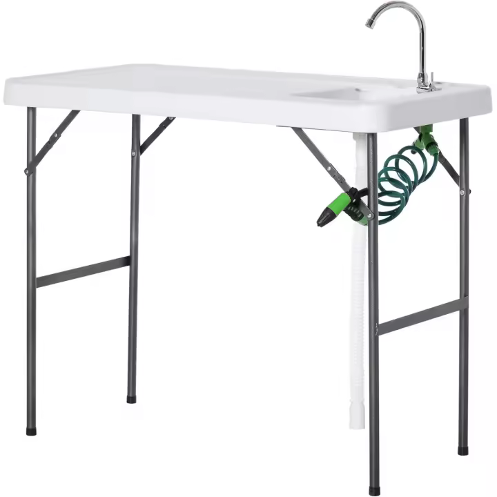 Mesa Plegable de Picnic Multifuncional con Fregadero Grifo y Pistola de Riego Extensible para Balcón Jardín Camping Barbacoa Exterior Metal 114,5x59x94,5 cm Blanco - 1