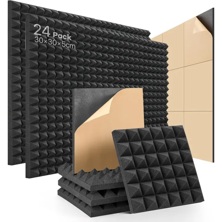 Paneles Acústicos Autoadhesivo 24 Piezas Espuma Acustica Aislamiento acústico de alta densidad Insonorizacion Acustica Pared para Estudio, Podcasting, Estudios de Grabación, Oficinas 30×30×2,5cm - 1