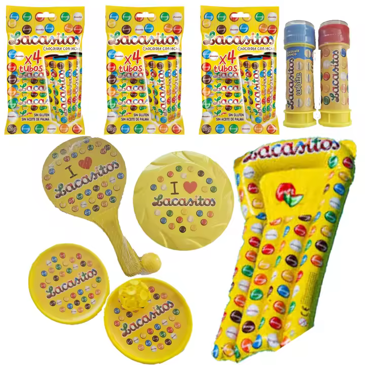 Pack vacaciones Lacasitos:3 bolsas de 4 tubos 20 g,palas con ventosa y con pelota , pompero,frisbee y colchoneta - 1