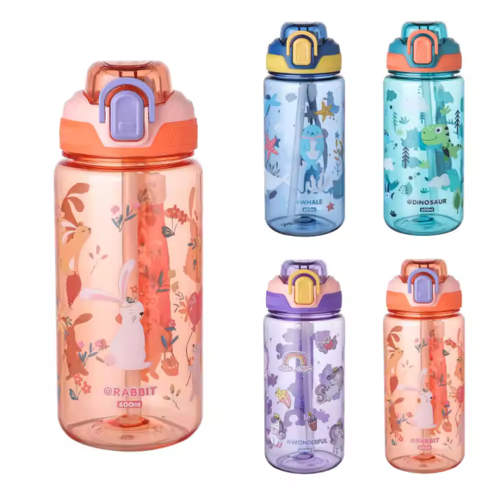Botella De Agua Para Niños 600ml Con Palanca De Silicona Y Estilo Dinosaurio Resistente Al Desbordamiento Plástico Ecológico Para Verano - 1