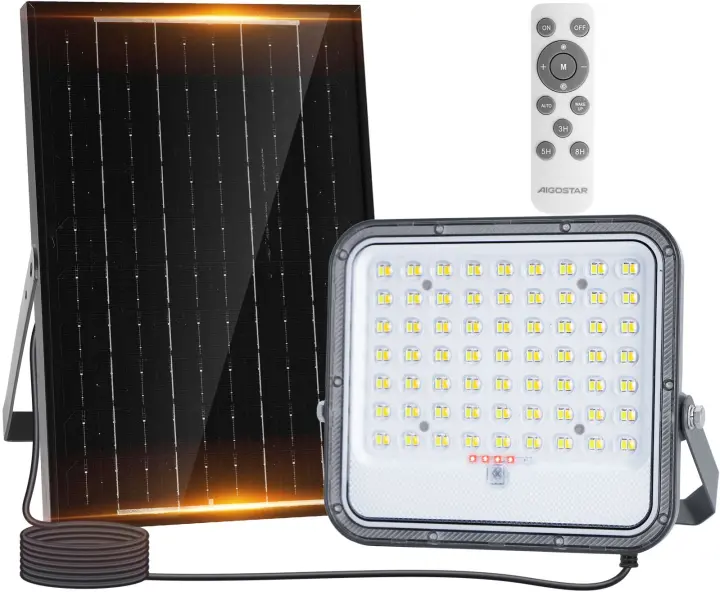 Aigostar Foco proyector LED solar con mando a distancia,4000mAH,gran panel solar y batería de gran capacidad,regulable 3000/4000/6500K,IP66,cable 2m - 1