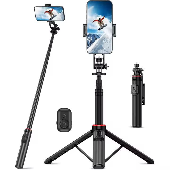 Palo Selfie Trípode, 130cm Aleación de Aluminio Trípode para Móvil con Mando a Distancia Inalámbrico Retráctil Portátil Trípode Selfie Stick para iPhone/Samsung/GoPro Smartphone - 1