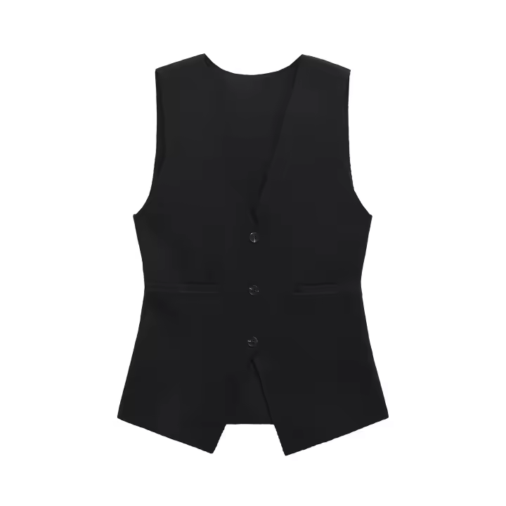 Chic Top de Tanque Elegante Vestido de Oficina para Mujeres Negras Cuello en V, Sin Mangas, Cintura Delgada - 1