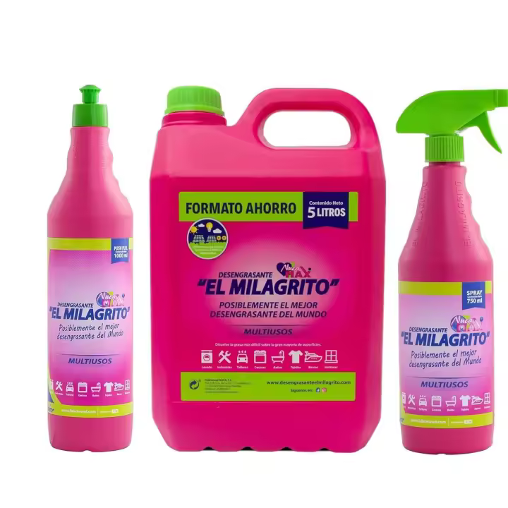 Desengrasante El Milagrito - Multiusos - Formato 5 Litros - Pistola 750 ml - Botella 1 Litro - Distintos Packs de Desengrasante El Milagrito - Quitagrasas El Milagrito - 1