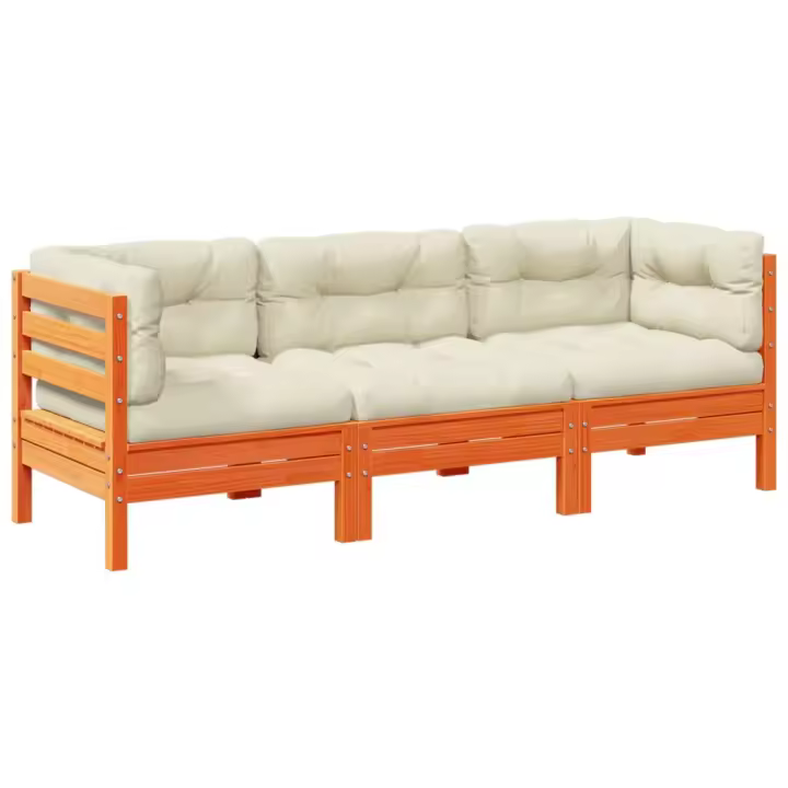vidaXL Set de sofás jardín 3 pzas con cojines madera pino marrón cera - 1