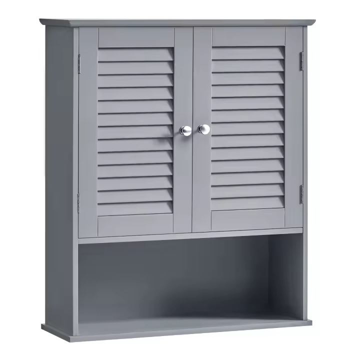 Armario colgante de baño con puertas de persiana, estante ajustable y compartimento abierto, gris ahumado, blanco - 20x60x70 cm - 1