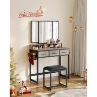 Tocador con espejo triple, taburete acolchado incluido, soporte para secador, con 3 cajones, mesa de maquillaje, varios colores - details 6