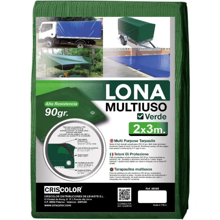 Criscolor Lona Multiusos Verde Resistente Al Agua con Ojales de Aluminio 90gr - 1
