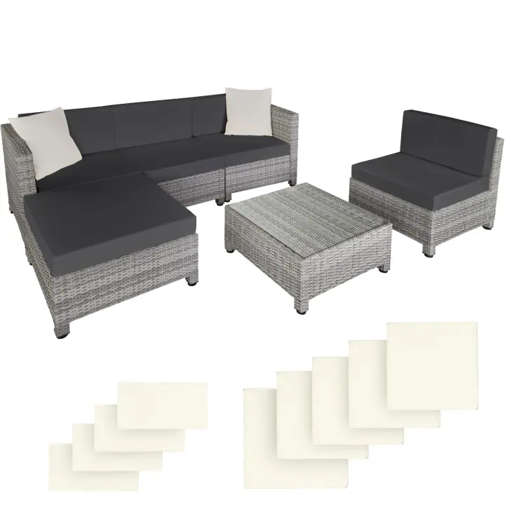 Tectake - Conjunto de ratán sintético con estructura de aluminio y cojines de 10 cm de grosor  Para el jardín, el patio o el salón  Mesa con tablero de cristal  Cojines mullidos para máximo confort, grosor aprox. 10 cm - 1