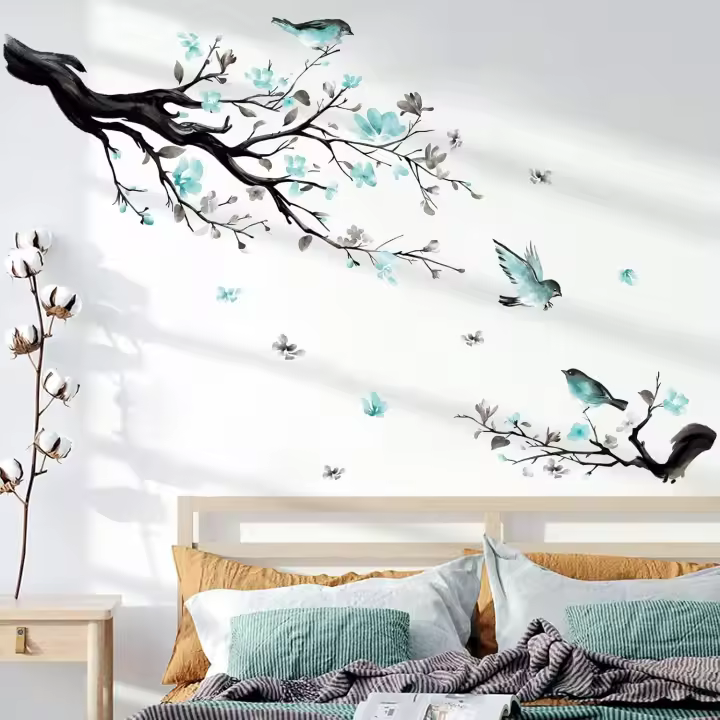 EN LA Rama de un árbol, pegatinas de pared con Flores, pegatinas de pared azules, decoración de pared para Sala de estar, Dormitorio, sofa - 1