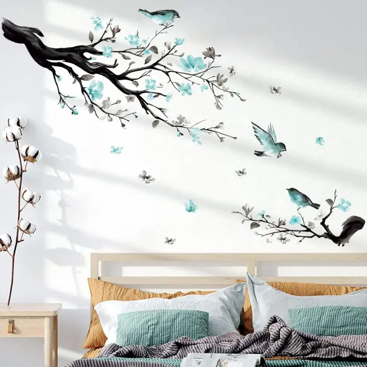 EN LA Rama de un árbol, pegatinas de pared con Flores, pegatinas de pared azules, decoración de pared para Sala de estar, Dormitorio, sofa - 1