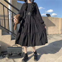 Vestido Midi Negro Harajuku Japonés Para Mujer Estilo Gótico Con Aros Y Volantes Vestido Bandage Ajustable Vintage Traje De Cosplay De Manga Larga Y Corte Ancho - details 5