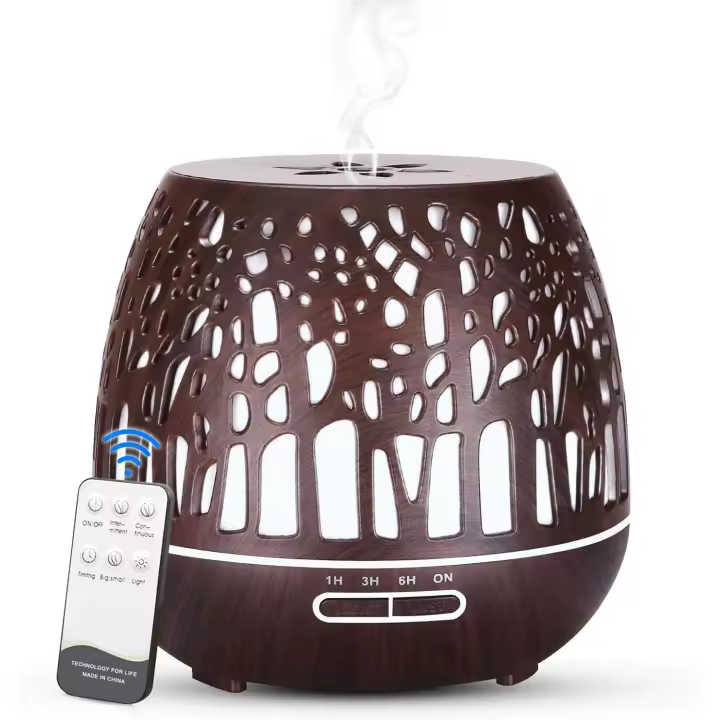 Humidificador Ultrasónico y Difusor de Aroma 400ml, atomizador de Fragancia ultrasónico LED con Control Remoto-Bosque Tallado, MarrónClaro - 1