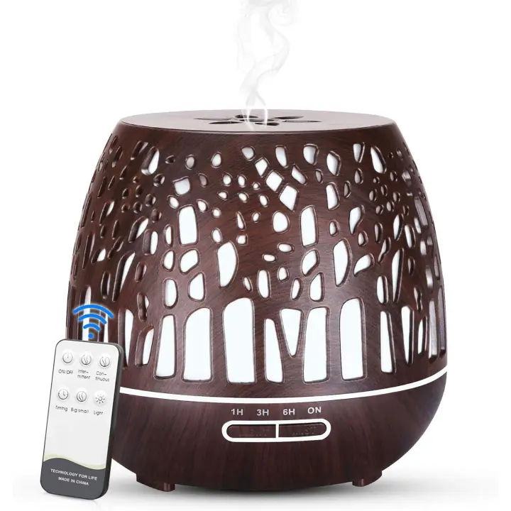 Humidificador Ultrasónico y Difusor de Aroma 400ml, atomizador de Fragancia ultrasónico LED con Control Remoto-Bosque Tallado, MarrónClaro - 1