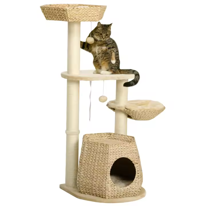 PawHut Árbol para gatos, árbol para escalar, poste rascador para gatos, altura 119 cm, columnas reforzadas con nido para hamaca, 2 bolas colgantes - 1
