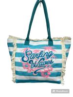 MEJORADA Bolso de playa o piscina grande con estampados de RAYAS con frases de bendiciones,con fleco de borla blanco de algodon,tamaño 55*37*19CM.contiene bolsillos interior y forros.tejido 100% poliéster - details 1