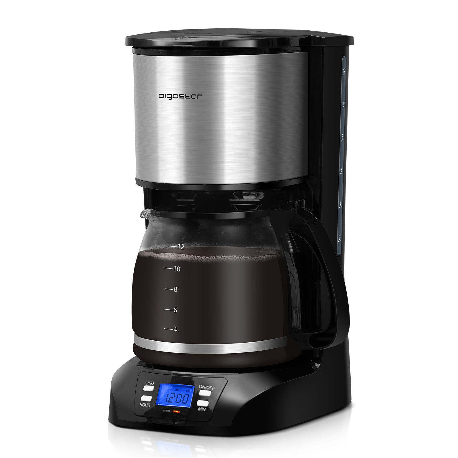 AIGOSTAR Cafetera de Goteo con Temporizador Programable, 800W,1.5L(12 Tazas),Pantalla LCD, Filtro Reutilizable, Auto Apagado, Función Mantener Caliente.