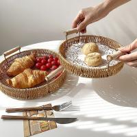 Bandeja De Alimentos De Plástico Tejida a Mano En Rattan Para Frutas Verduras Pasteles Forma Redonda Cesta De Almacenamiento Con Mango - details 15