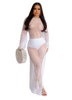 Vestido Midi Bodycon De Encaje Con Borlas Y Manga Larga Para Mujer Estilo Playa Fashion Hollow out Y Abertura Lateral Alta - details 5