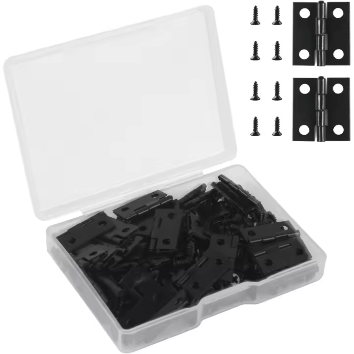 Mini Bisagras Negras de 18 x 15 mm 50 Piezas Bisagra Plana Invisible Pequeña Bisagra de Puerta de Acero Inoxidable Bisagra de Muebles Duradera y Robusta para Joyeros Cajones Pianos Accesorios de Bricolaje con 200 tornillos - 1