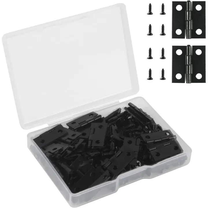 Mini Bisagras Negras de 18 x 15 mm 50 Piezas Bisagra Plana Invisible Pequeña Bisagra de Puerta de Acero Inoxidable Bisagra de Muebles Duradera y Robusta para Joyeros Cajones Pianos Accesorios de Bricolaje con 200 tornillos - 1