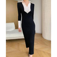 Vestido Elegante De Lana Con Bloque De Colores Y Encaje H Han Queen Para Oficina Y Fiesta Vestido Largo De Manga Larga Para Mujer Moda Otoño - details 13