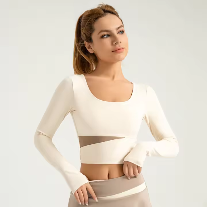 MOV-Tops de Yoga de manga Largo a juego de color melalgodón, tops Deportivos adelgazantes Desnudos para correr y fitness para Mujer - 1