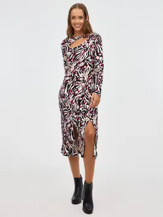 Vestido midi fluido de manga larga y cullo redondo con diseño cut out y estampado total INSIDE - 1