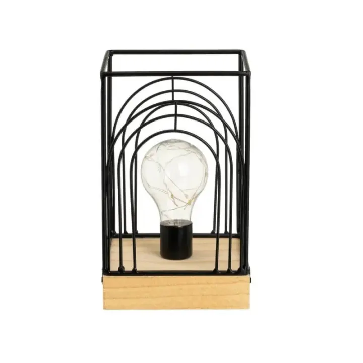 Dcasa Lámpara de mesa decorativa a pilas cuadrada de metal negro y madera de 12x12x20 cm - 1