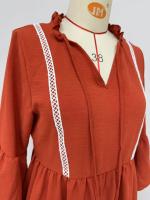 Vestido De Encaje Casual Sencillo De Color Sólido Con Cuello En V Y Mangas Bell Sleeves Plisadas De Polyester Para Mujer - details 5