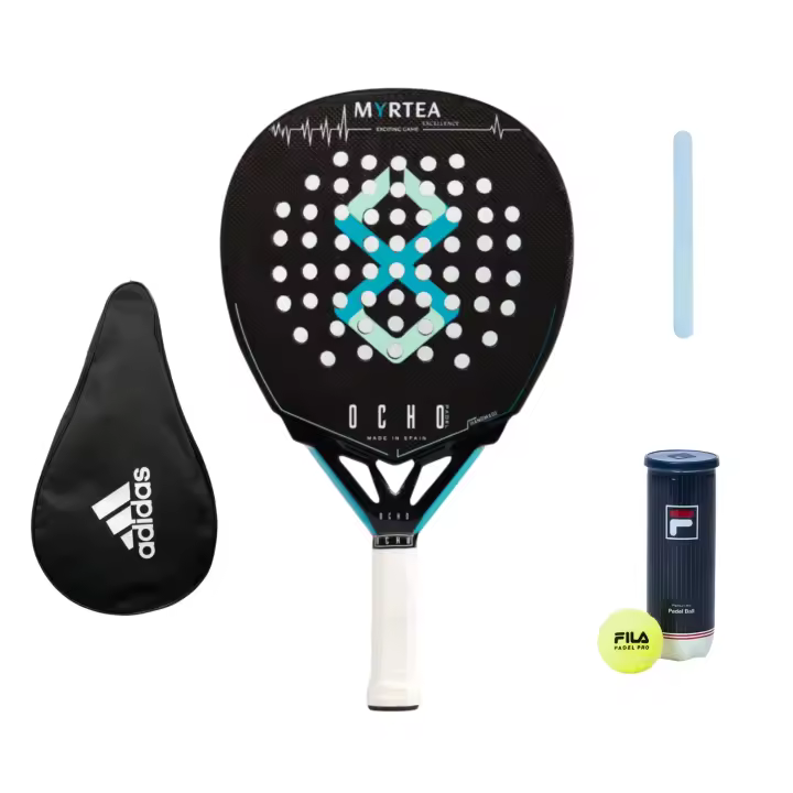 Pala de pádel Ocho Pádel Myrtea Excellence Blue Sea 3K (Made in Spain) + Funda Adidas + Protector Transparente + Bote de Pelotas Fila - 1