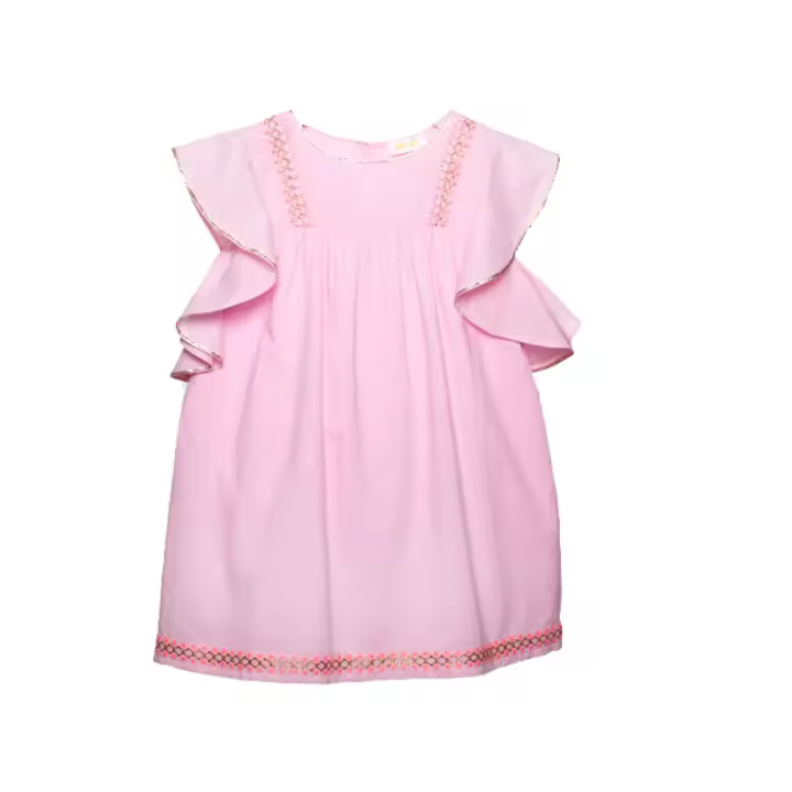Vestido Niña Rosa 100% Algodón Petit Alo -Manga Corta  con Volante - Bordados Étnicos en oro y rosa- Vivo Dorado - 1