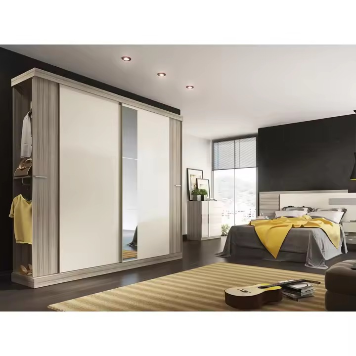 Vente-unique - Armario 2 puertas correderas - Con espejo - - Largo 231 cm - Color natural y blanco marfil - ADALRIK II - 1