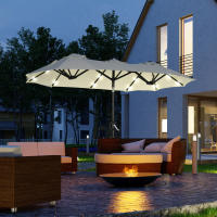 Outsunny Sombrilla Doble con Luces LED 280x146x227 cm Sombrilla de Jardín con Inclinación de 45° Manivela y Costillas de Acero para Terraza Balcón Piscina Beige - details 1