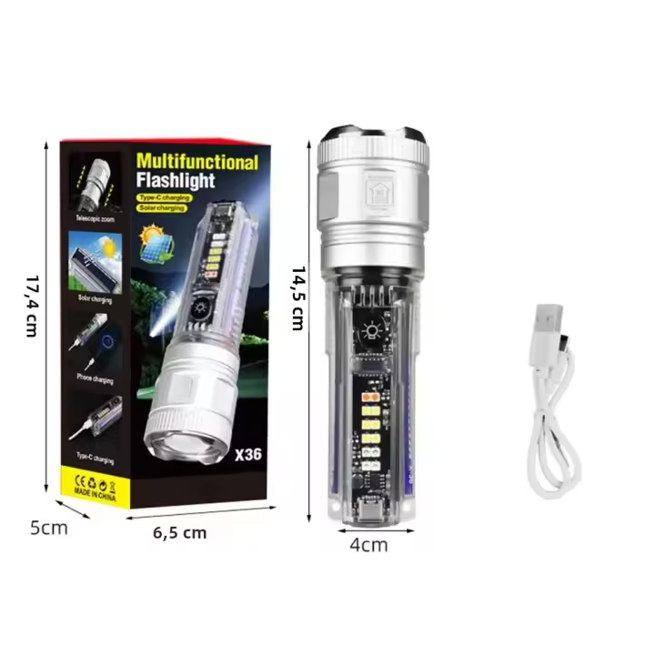 Linterna LED Recargable Solar USB Torcha Potente Con Foco Fuerte Y Alcance Largo Para Emergencias Y Uso Exterior Luz De Advertencia Resistente Al Agua Con Función De Autodefensa Y Power Bank - 1