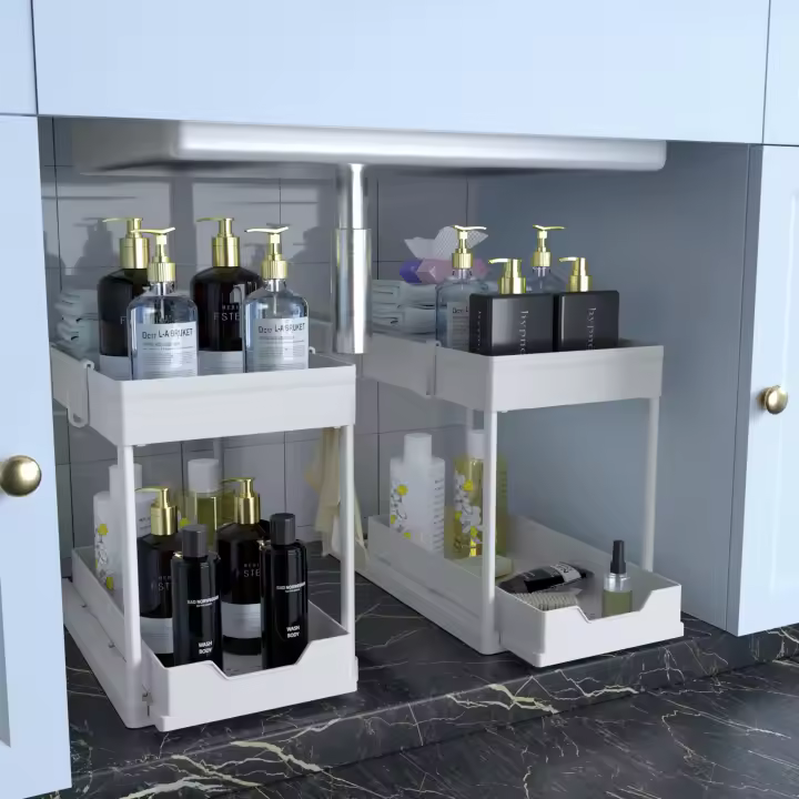Juego de 2 cestas para debajo del fregadero - Almacenamiento y organización de cocina - Cesta multifuncional para baño (blanca) - 1