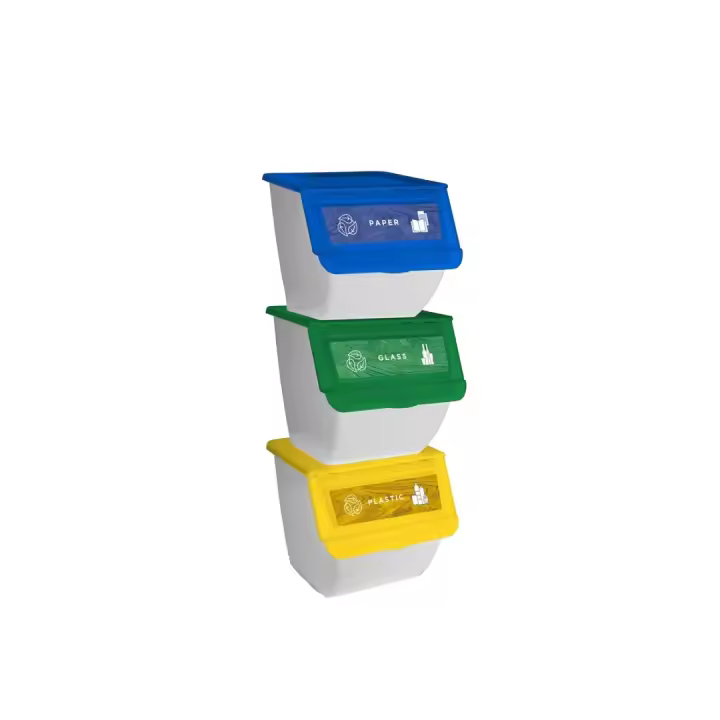 DRW Set 3 Cubos Basura Reciclaje apilables Organizador Vidrio, Papel, Plástico 36 litros Unidad 39x39x36 cm - 1