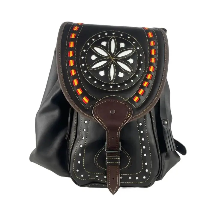 Mochila morral SEVILLAS de cuero 100% vacuno, artesanal, unisex con dos bolsillos. - 1
