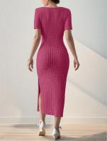 Vestido De Punto Midi Cuello Cuadrado Ajustado En La Cintura Con Abertura Para Mujer Versátil Para Todo El Año Vestido De Oficina - details 11